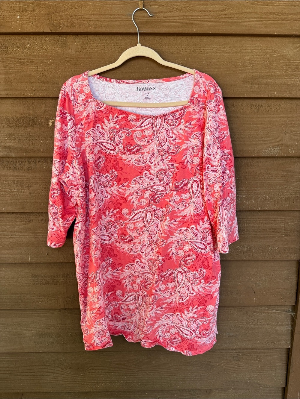 Roaman's Coral Pink Paisley Short Sleeve Tee size 1X